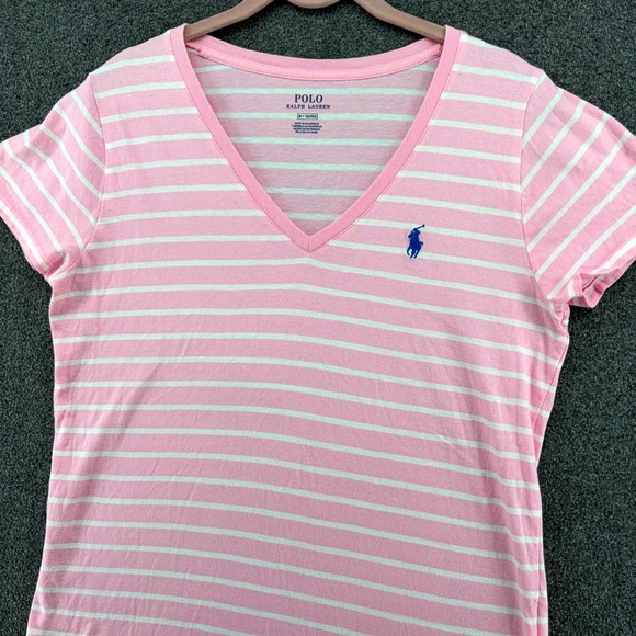 Ralph Lauren Women Pink Stripe V Neck Short Sleeve T Shirt Polo Pony Logo Med - Picture 2 of 5